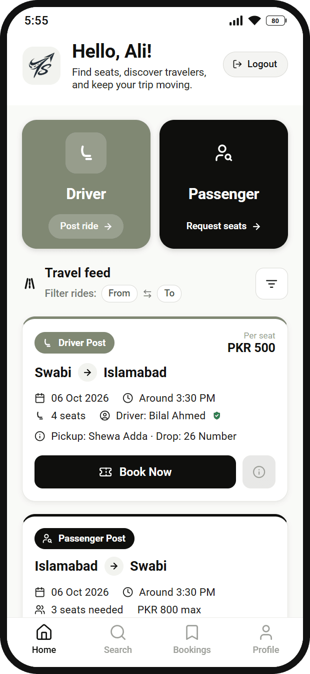 The app's travel feed: a Swabi to Islamabad ride at PKR 500 per seat, with a Book Now button