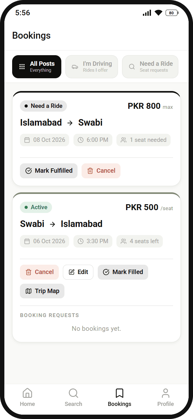 The Bookings screen listing a ride request and an active ride with Trip Map and Mark Filled actions
