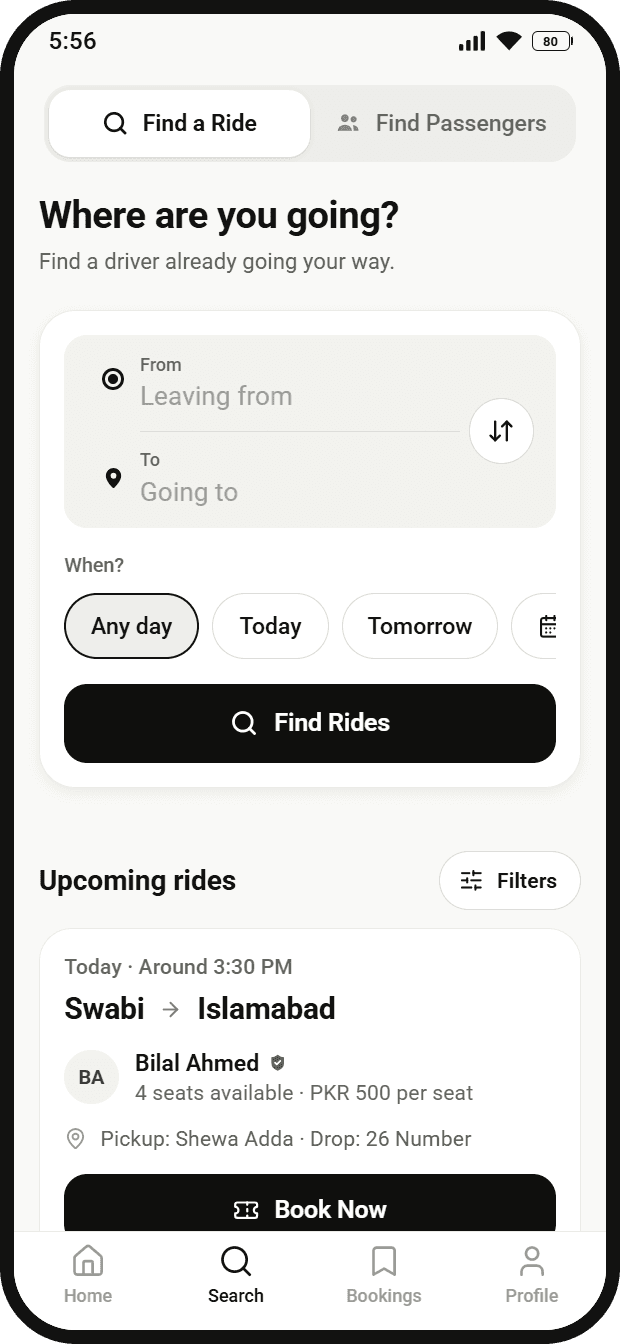The Find a Ride screen: leaving-from and going-to fields, a day picker and upcoming rides