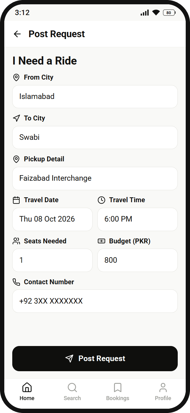 The Post Request form: from and to city, pickup point, travel date and time, seats needed and budget