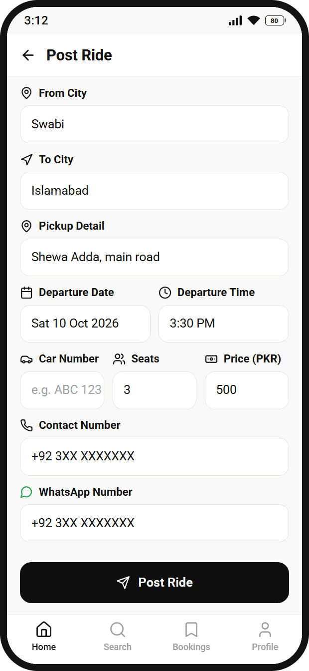 The Post Ride form: from and to city, pickup point, departure date and time, seats and price