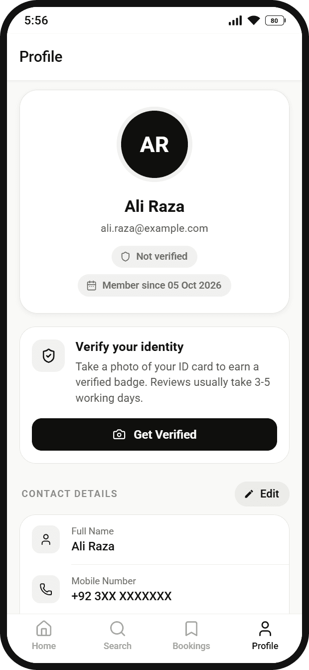 The profile screen with a Verify your identity panel and a Get Verified button